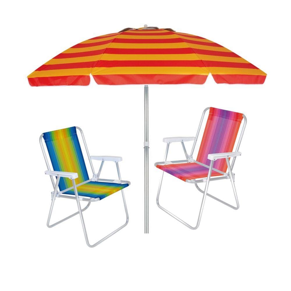 Kit Praia 2 Cadeira Alta Alumínio + Guarda Sol 2 Metros Sombreiro Alumínio - Mor