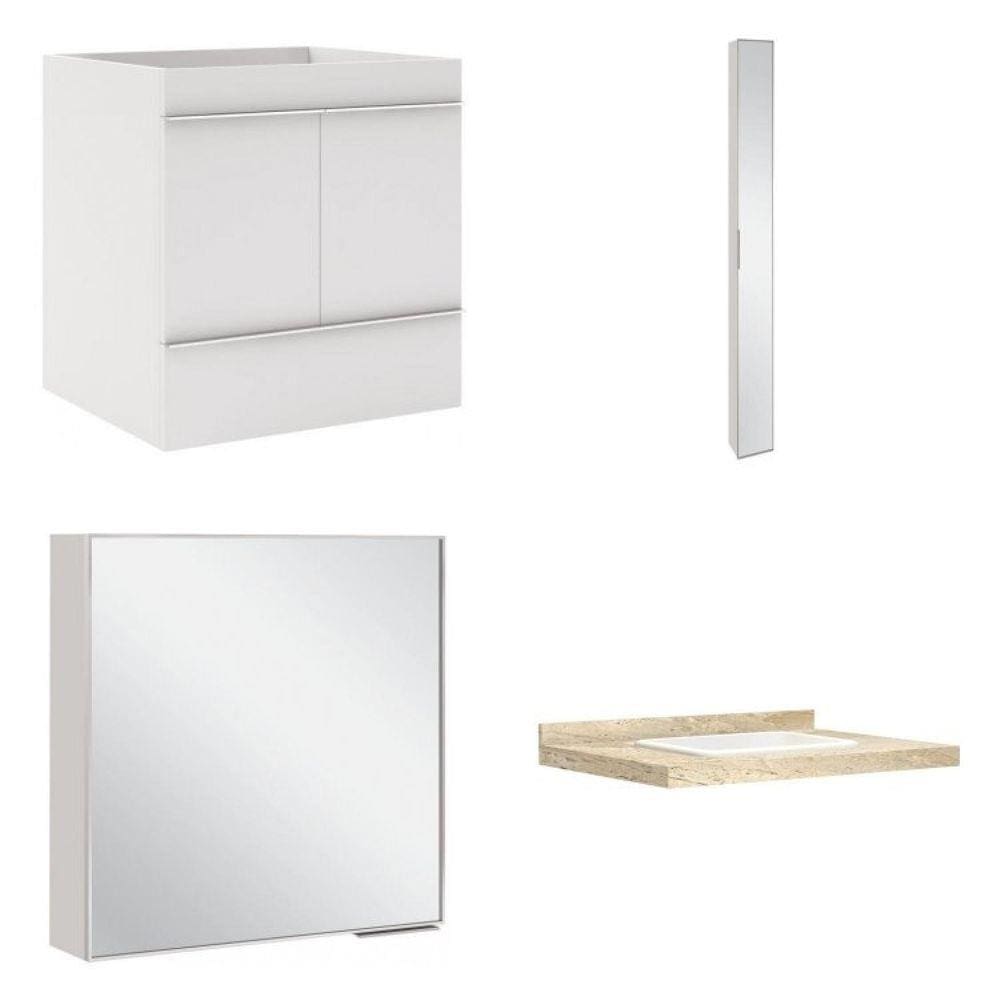 Conjunto para Banheiro com Espelho, Gabinete, Lavatório em Porcelanato e Armário Vertical Bumi  Bumi Travertino