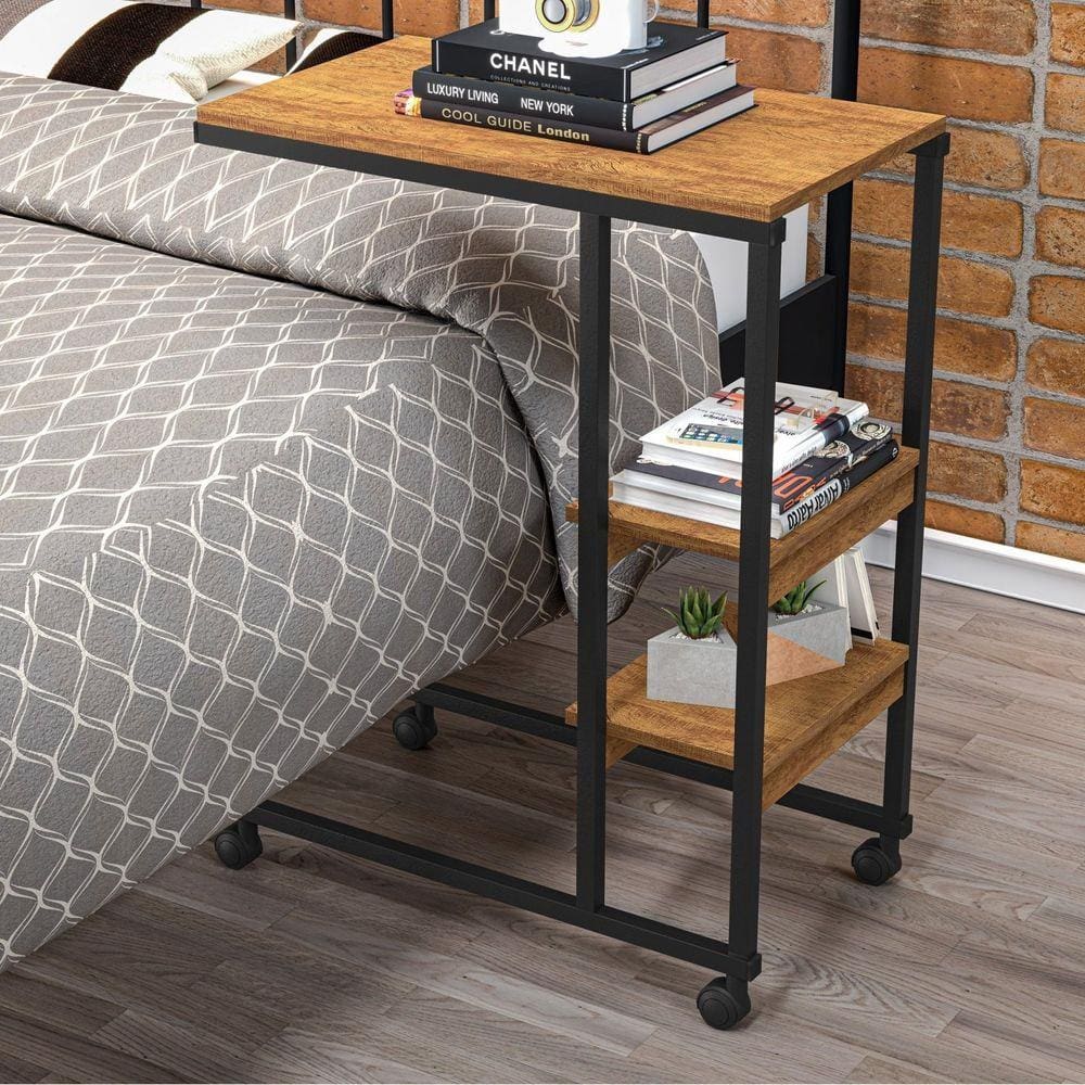 Mesa Lateral de Apoio Industrial com Rodízio Fit Yescasa Preto/Canela