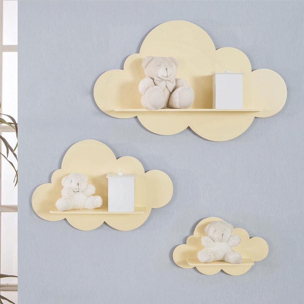 Trio De Prateleiras De Nuvens Nichos Decoração Quarto Bebê 9mm