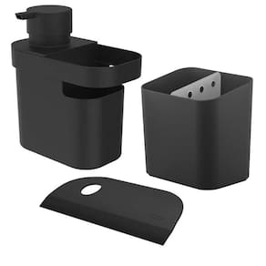 Kit Dispenser Detergente Liquido Escorredor Talheres Rodo Compacto Pia Cozinha Preto - Ou