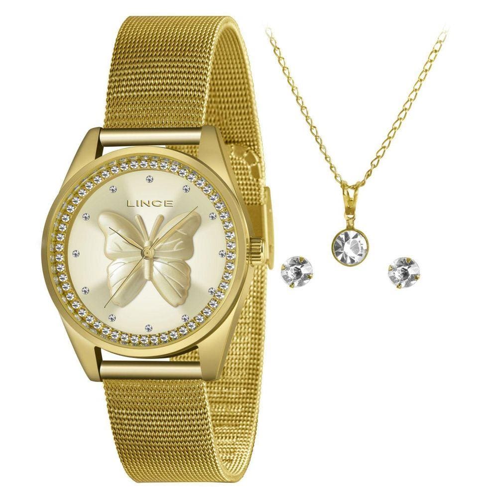 Kit Relógio Lince Feminino Dourado + Semijoia Lrgj146L-Kn94