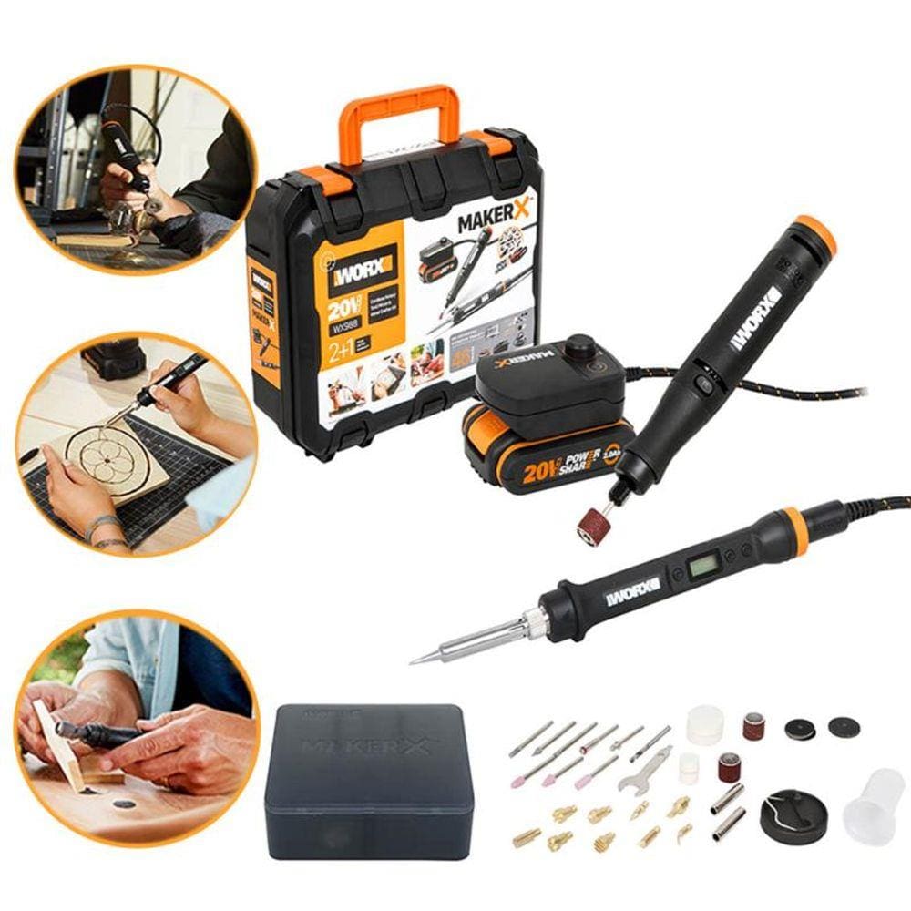 Kit Ferro de Solda e Micro Retífica BRUSHLESS à Bateria 20V com Bateria Carregador BIVOLT WX988 WORX