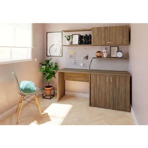 Conjunto de Mesa com Armário de Escritório, Armário Aéreo e 3 Prateleiras Corar Ameixa Negra