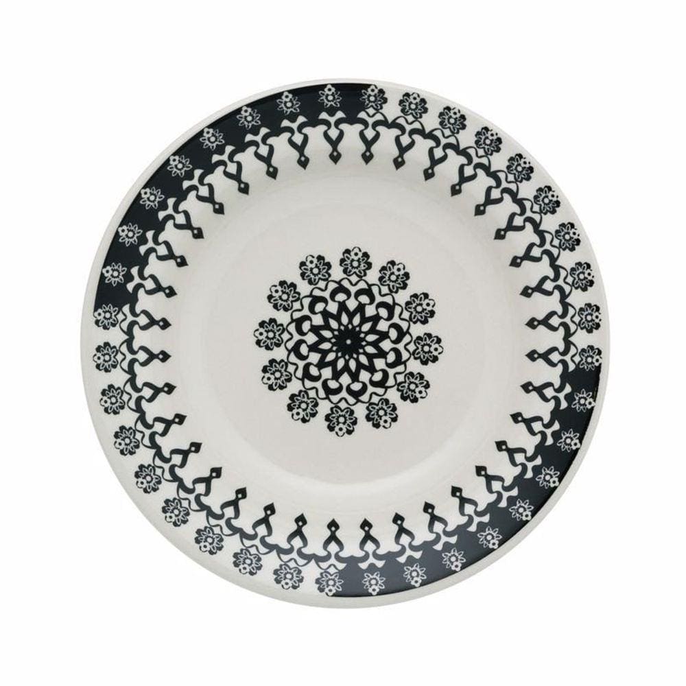 Kit Conjunto 12 Pratos Fundo Donna Folk Cerâmica Preto e Branco Biona