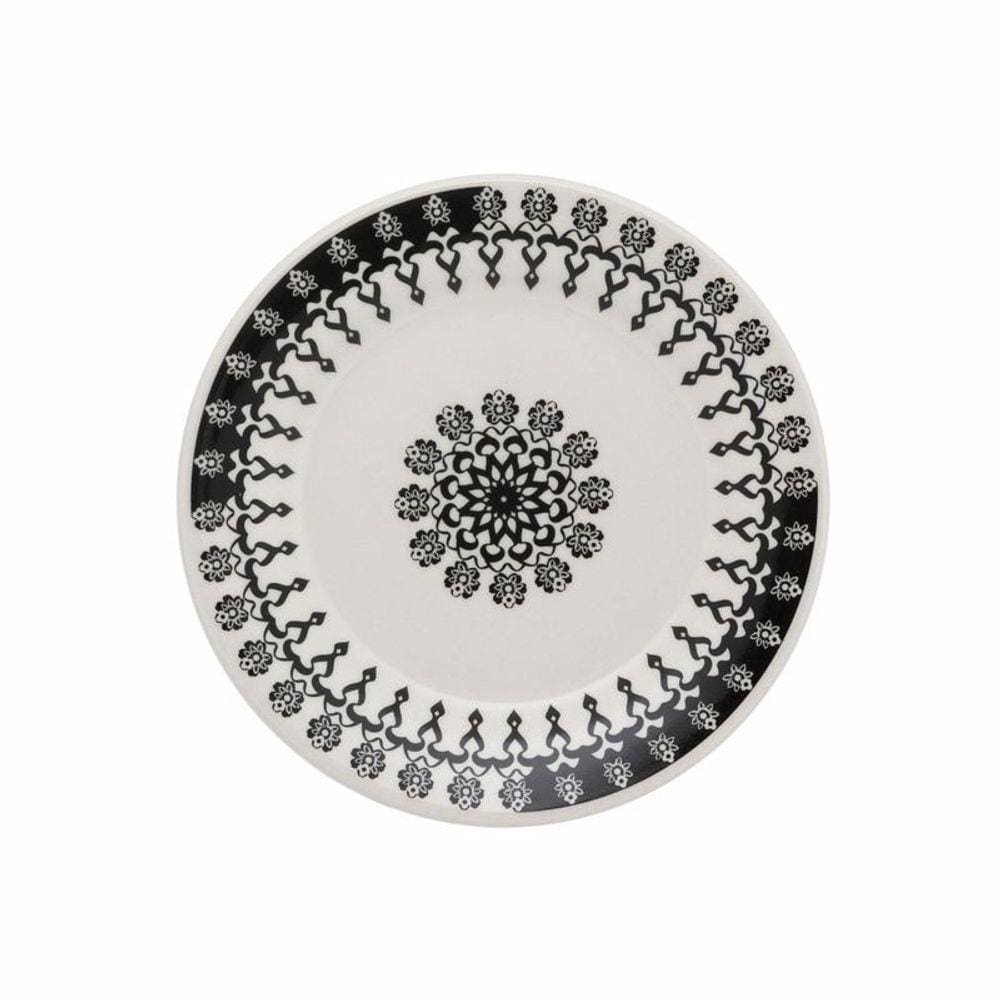 Kit Conjunto 12 Pratos Sobremesa Donna Folk Cerâmica Preto e Branco Biona