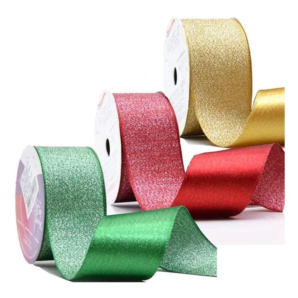 2 Fita De Cetim Lurex Brilho 38mm 10 Metros Para Laços Arte