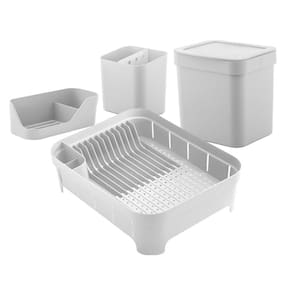 Kit Cozinha Escorredor De Louças Talheres Lixeira 4,7L Organizador De Pia Bancada Branco - Ou