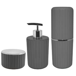 Kit Banheiro 3 Peças Porta Escova Algodão Cotonete Dispenser Sabonete Líquido Groove Cromado Cinza - Ou
