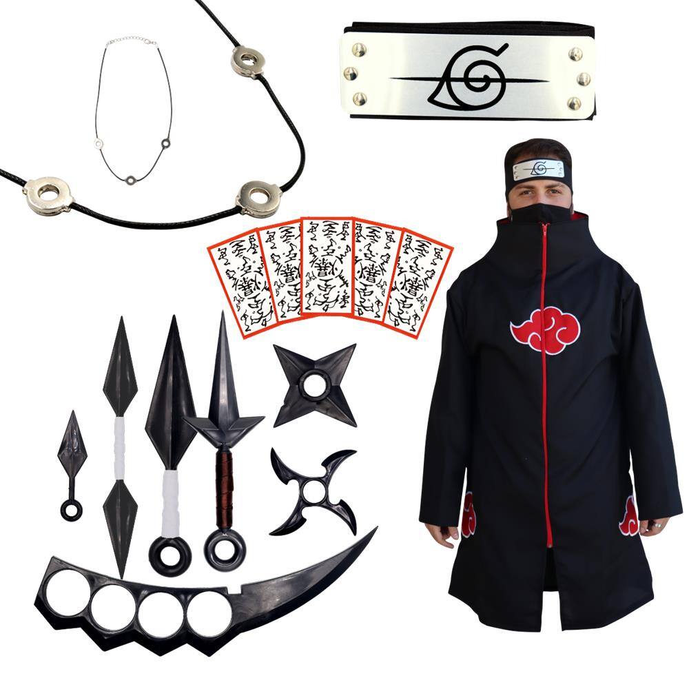 Manto Akatsuki Itachi + Bandana Naruto + Colar + Kit Kunai | Casas Bahia