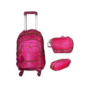 Kit Mochila Feminina Rodinhas 360 Com Lancheira Estojo Rosa