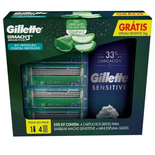 Cargas de Aparelho para Barbear Gillette Mach3 Sensitive e Ganhe 1 Mini Espuma Menor preço em Cargas de Aparelho para Barbear Gillette Mach3 Sensitive e Ganhe 1 Mini Espuma