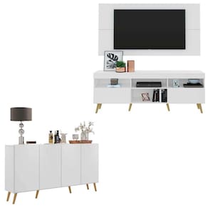 Conjunto Sala de Estar Rack + Painel TV 65" e Aparador Retrô Sofia Multimóveis Branco/Natural