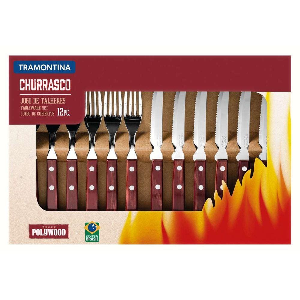 Jogo de Talheres Churrasco Aço Inox com Cabo Vermelho Polywood 12 Pçs Tramontina
