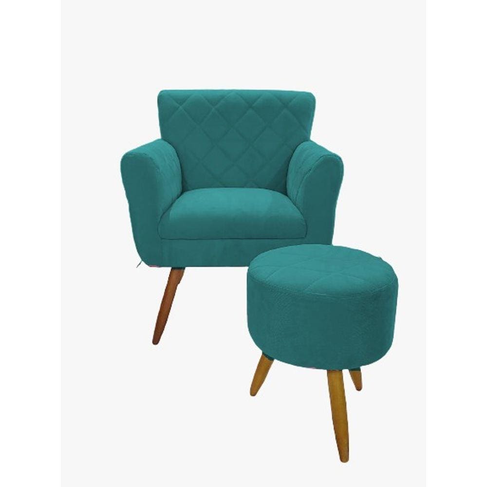 Kit Poltrona Decorativa e Puff Redondo Bordados Atenas para Sala e Quarto Pés Palito Suede Azul Turquesa - W&D Decor