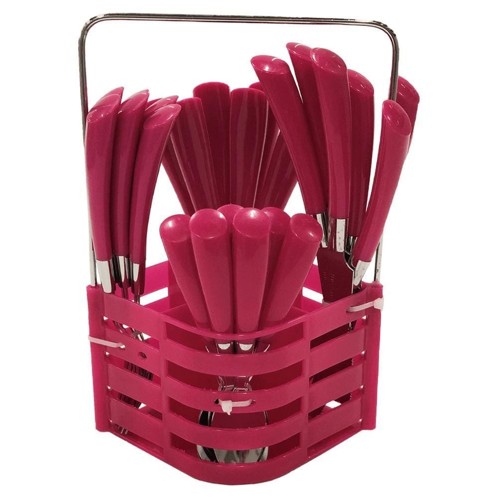 Conjunto de Talheres c/ Dispenser 24 Peças Rosa - Jiale