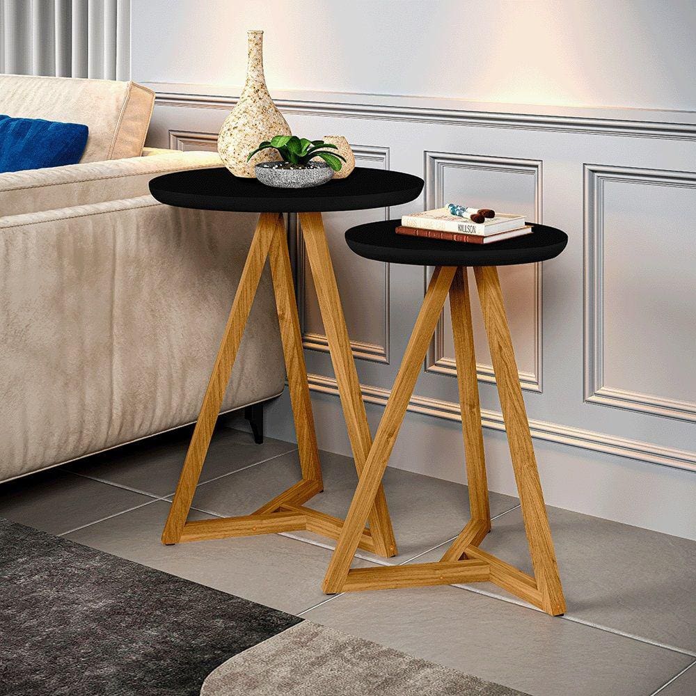 Conjunto 2 Mesas Laterais Sala Classic Pés em Madeira Maciça