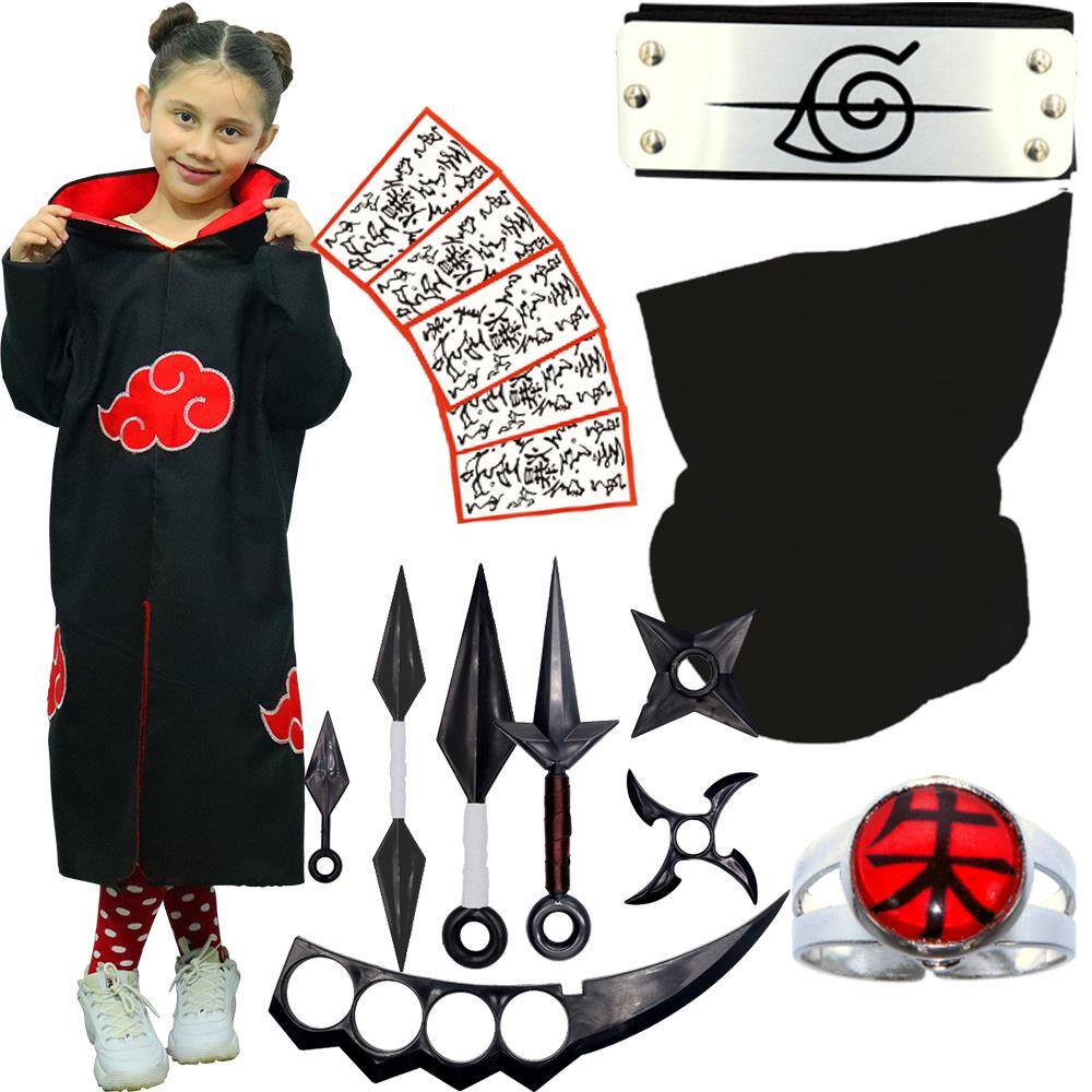 Capa Manto Infantil Akatsuki + Anel Itachi + 9 itens Cosplay | Casas Bahia
