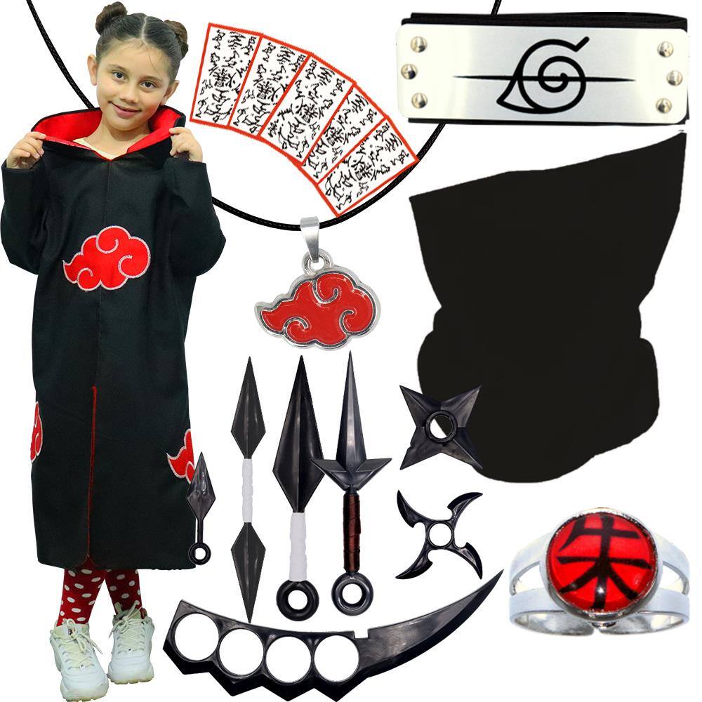 Manto Akatsuki Infantil + Bandana Anel Itachi + 9pçs Cosplay | Casas Bahia
