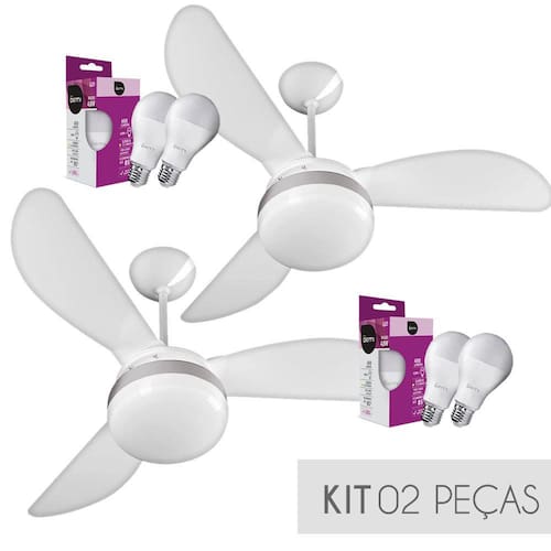 Kit Ventilador de Teto Ventisol Fênix Branco/Silver,Cv3, 02 Lâmpadas Led Inclusas -127v- 02 Unidades