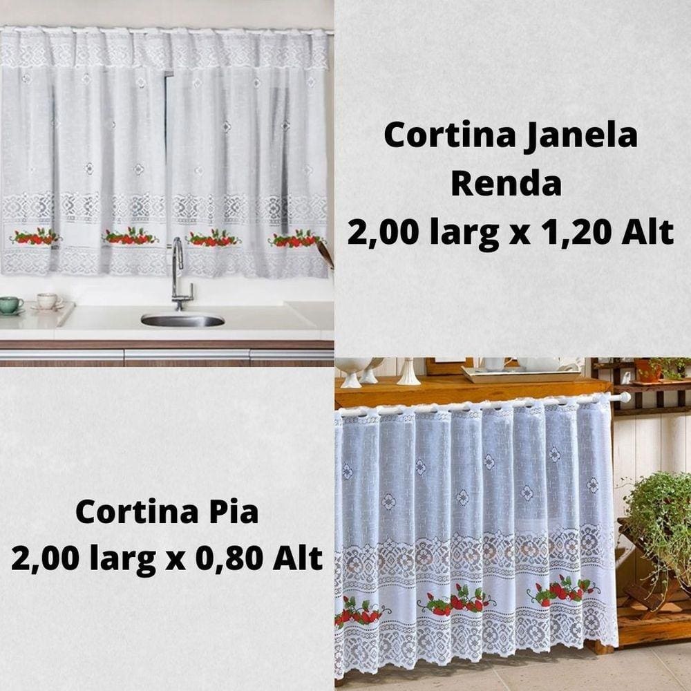 Kit Cortinas Pia 2x0,80 +Janela 2x1,50 Renda Branca Morango