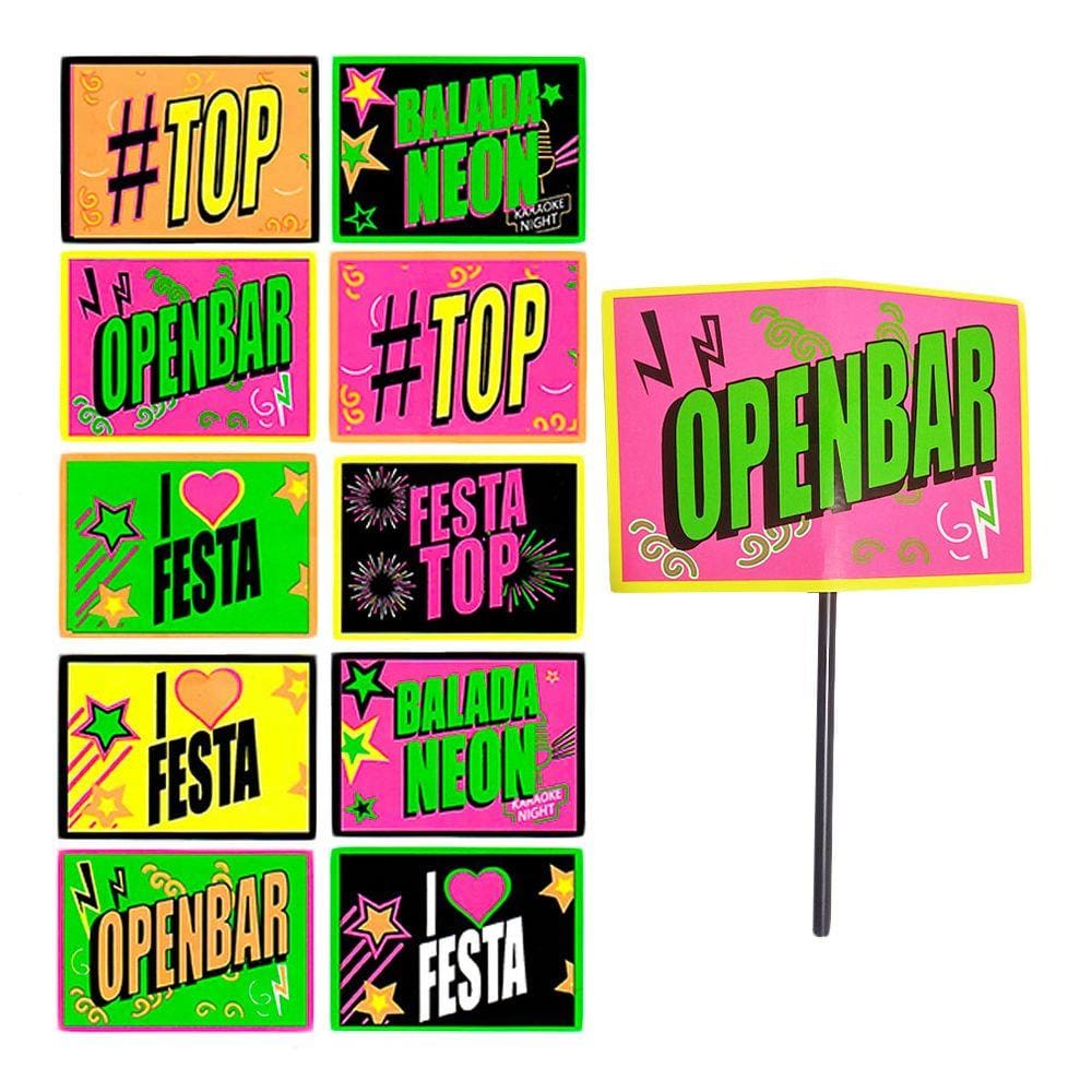 Plaquinhas Divertidas Balada Neon Open Bar - 10 Unidades