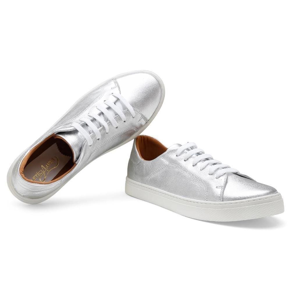 Tênis Casual Feminino Couro Metalizado Cadarço Conforto