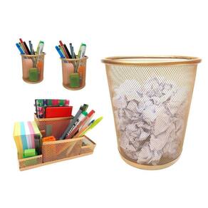 Kit Organizador, Porta Caneta E Lixeira Dourado Escritório
