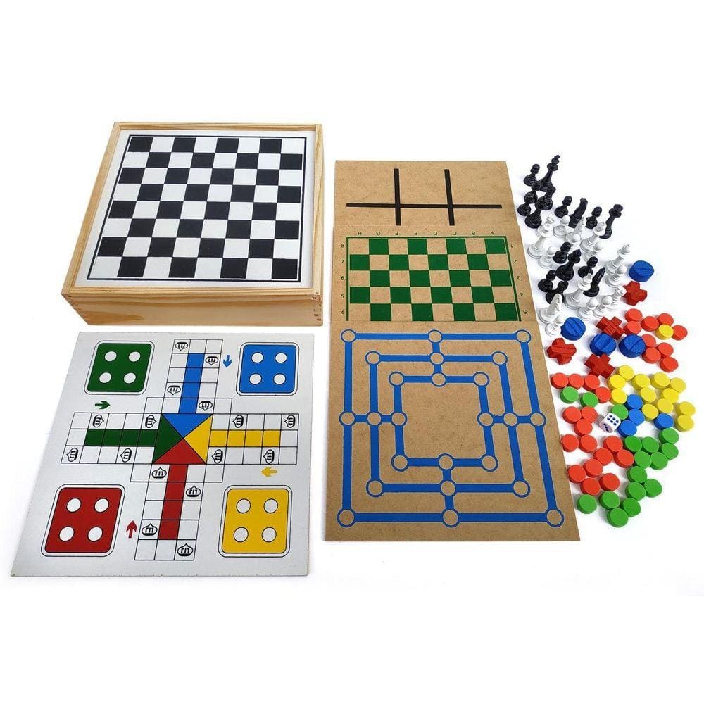 Jogo 5 Em 1 Tabuleiro Xadrez Dama Trilha Ludo Jogo Da Velha