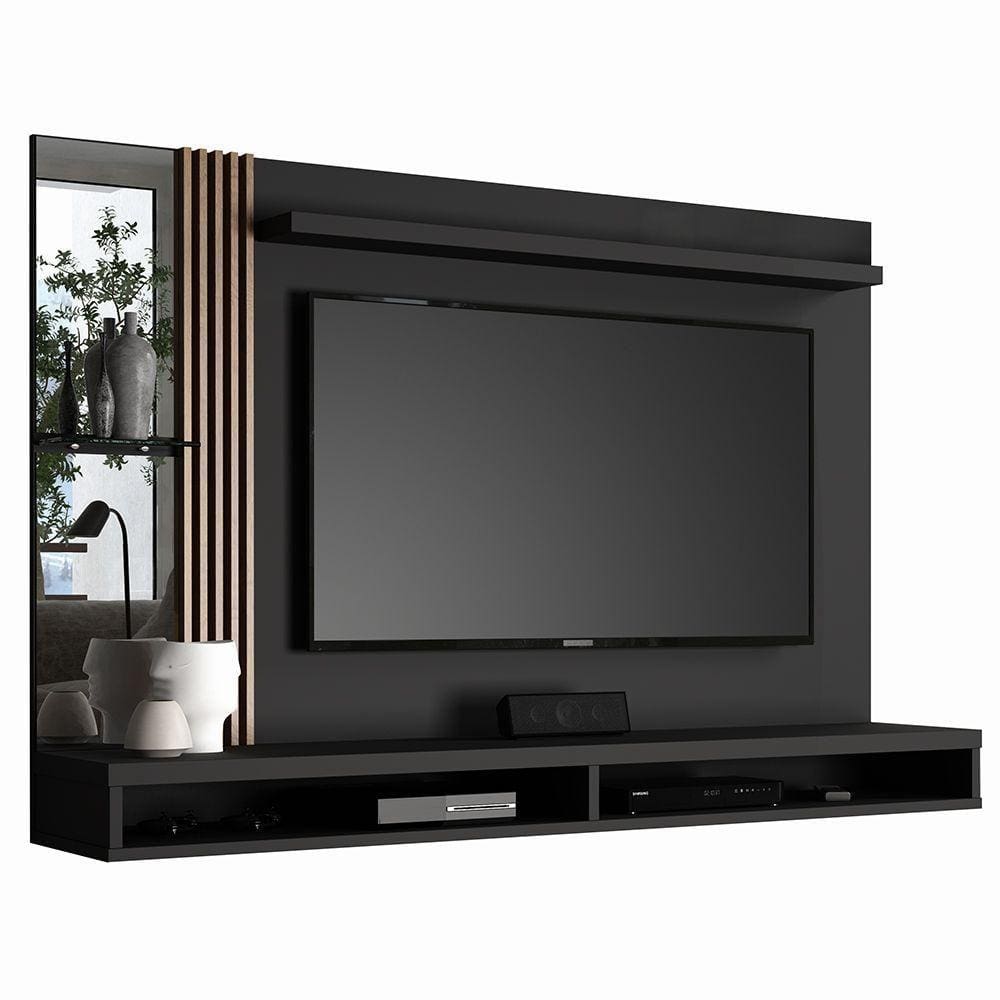 Painel Home Para Tv Até 55" Ripado c/ Espelho Preto/Naturale