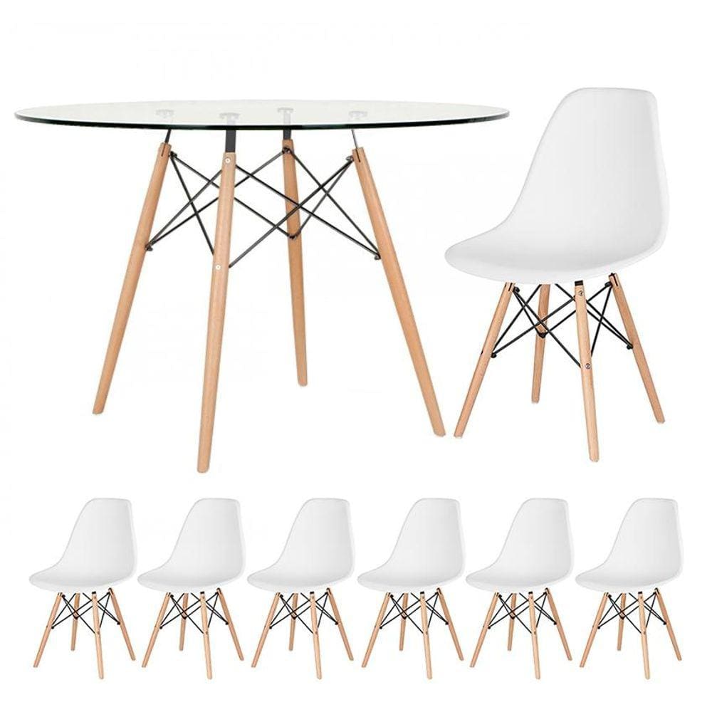 KIT - Mesa Eames com tampo de vidro 120 cm + 6 cadeiras Eiffel DSW