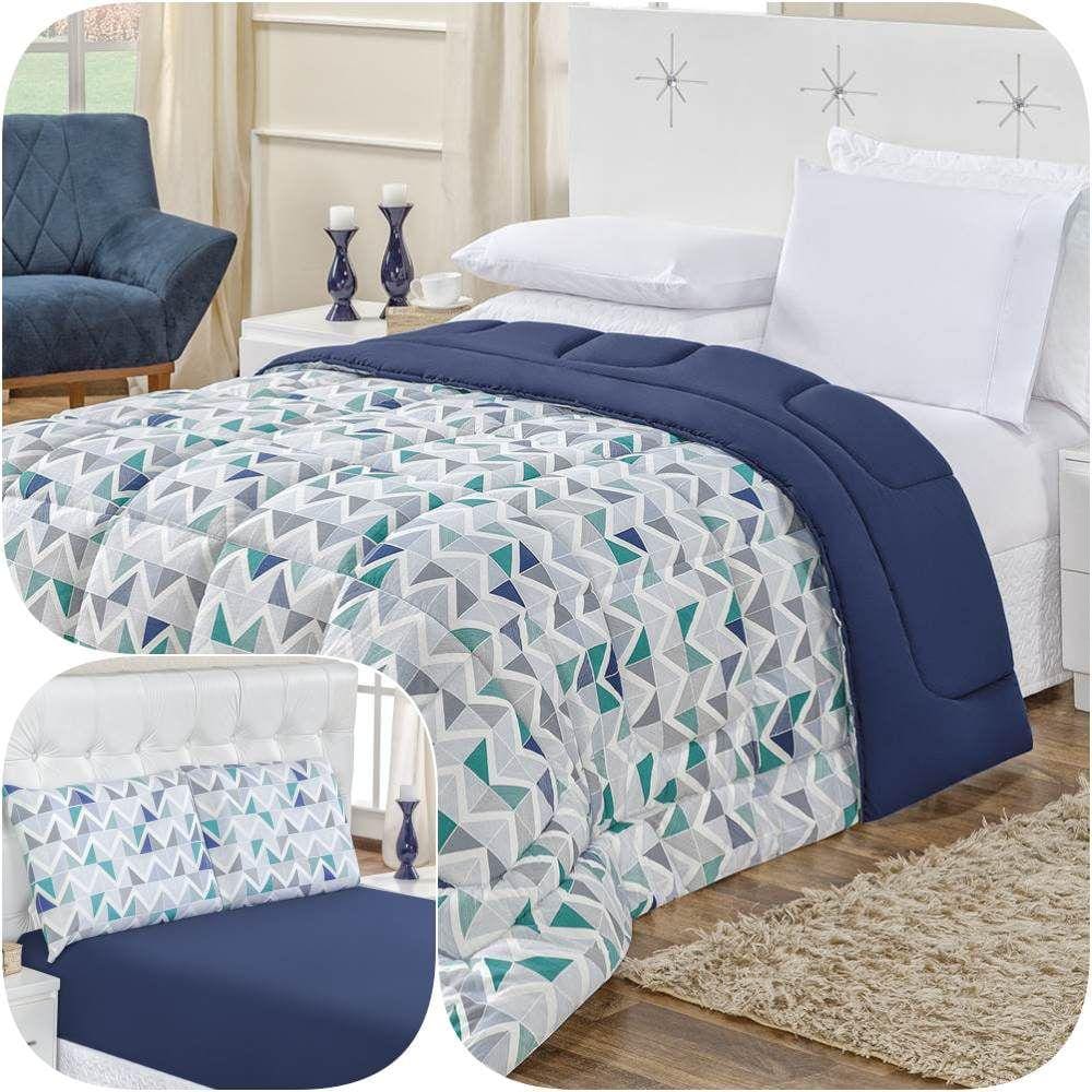 Kit Edredom Queen com Jogo de Lençol Malha 100% Algodão 4 Peças - Geométrico Azul