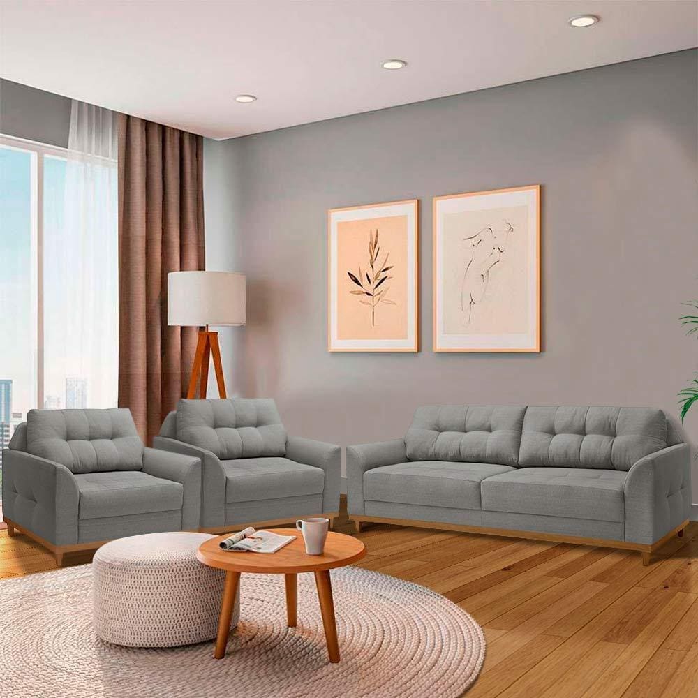 Sofá Para Sala Pequena E 2 Poltronas Living Linho Cinza Escuro Verona 2.0 Luapa Estofados - Cinza