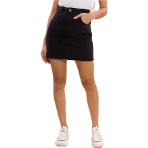 Saia Jeans Sarja Com Elastano Cintura Alta Barra Desfiada