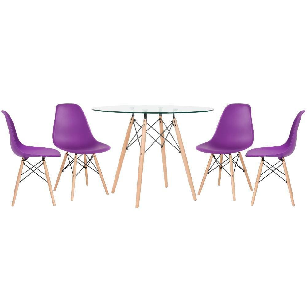 KIT - Mesa Eames com tampo de vidro 100 cm + 4 cadeiras Eiffel DSW
