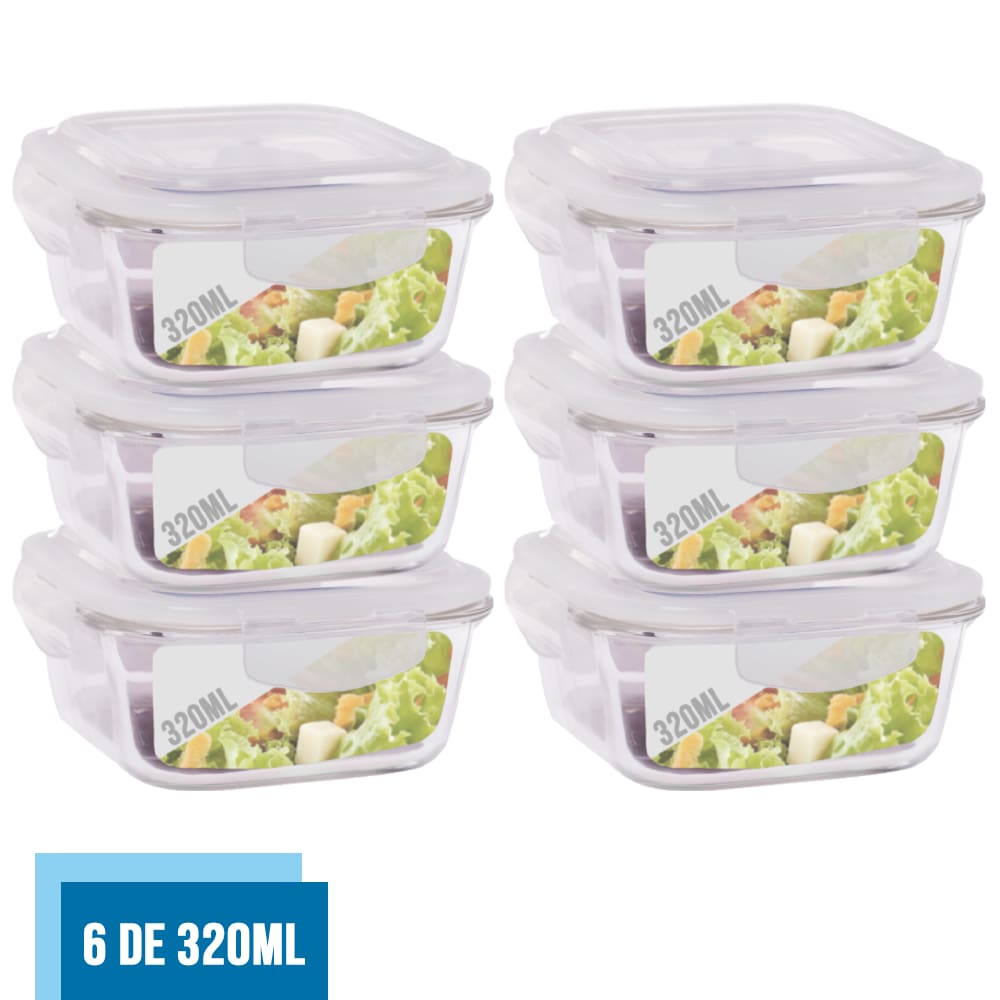 Jogo com 6 Pote Vidro Hermético Marmita Tampa Plástico 320ml