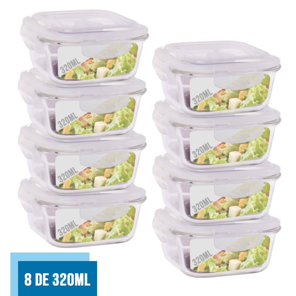 Jogo com 8 Pote Vidro Hermético Marmita Tampa Plástico 320ml