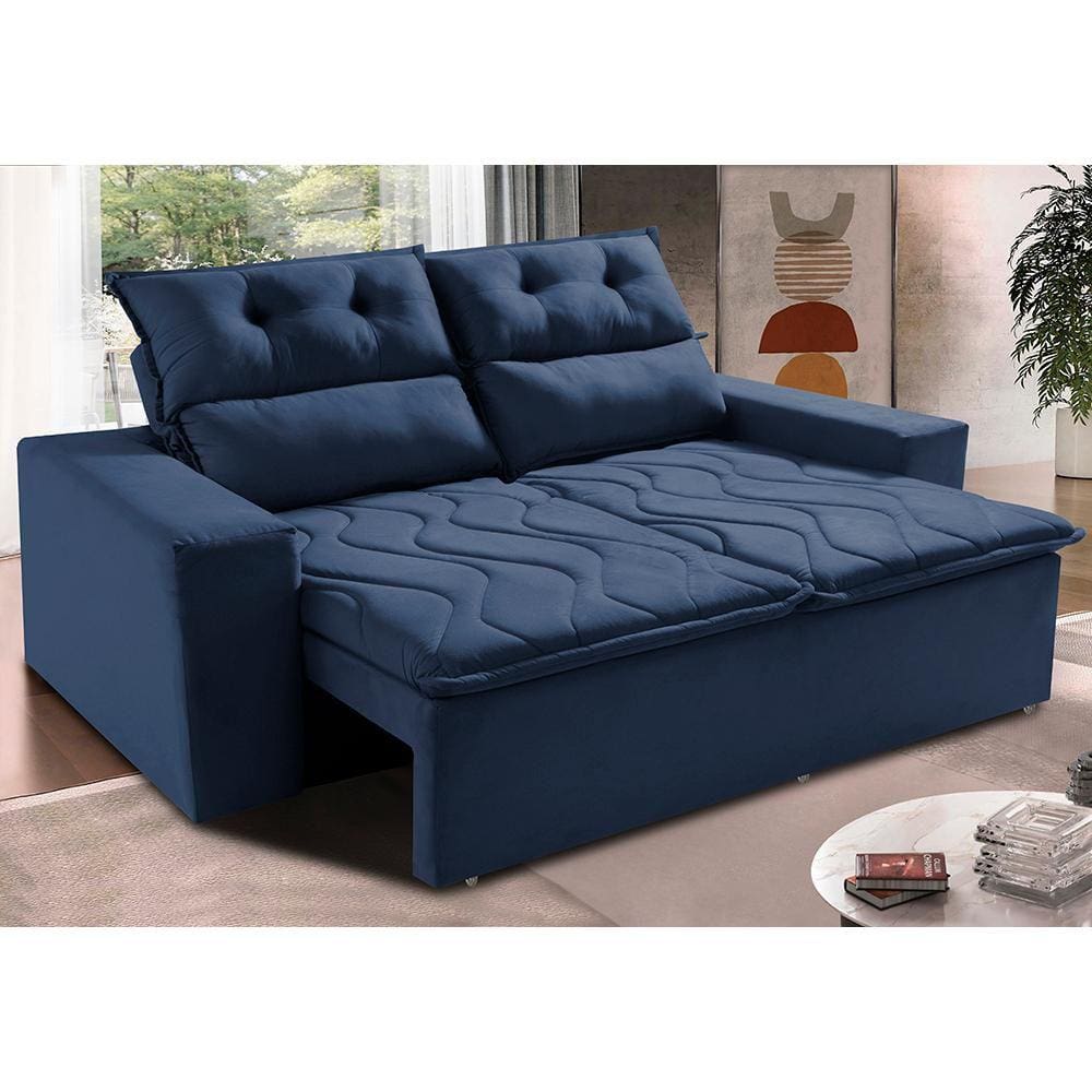 Sofá Retrátil e Reclinável 1,50m Cama inBox Smal. com bordado pantográfico Suede - Azul Marinho