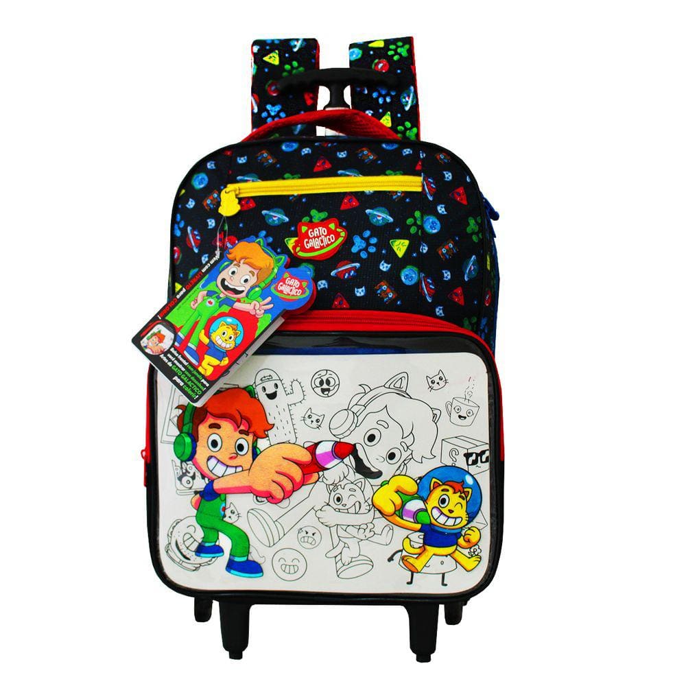 Mochila de Rodinhas Escolar Infantil Gato Galáctico Desenhos Colorir - Azul