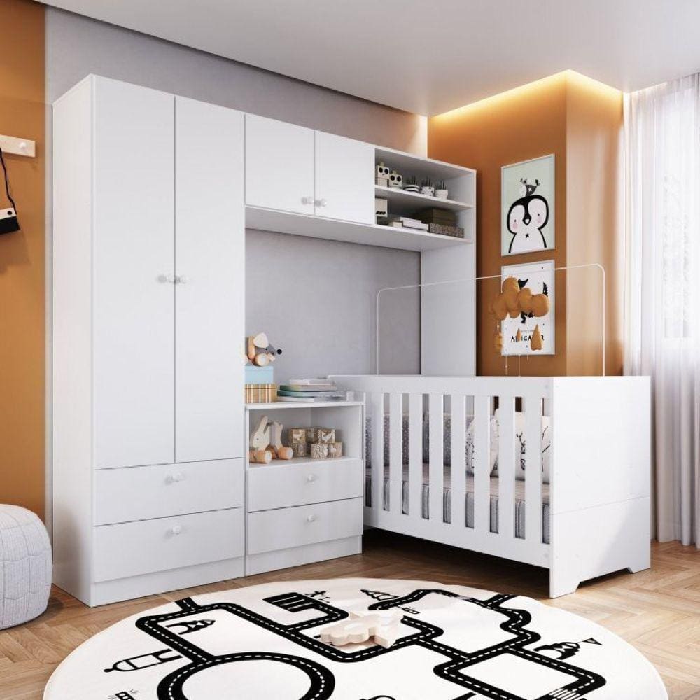 Conjunto Quarto Infantil com Berço 3 em 1, Cômoda 2 Gavetas 1 Nicho e Guarda Roupas Completa Móveis Branco