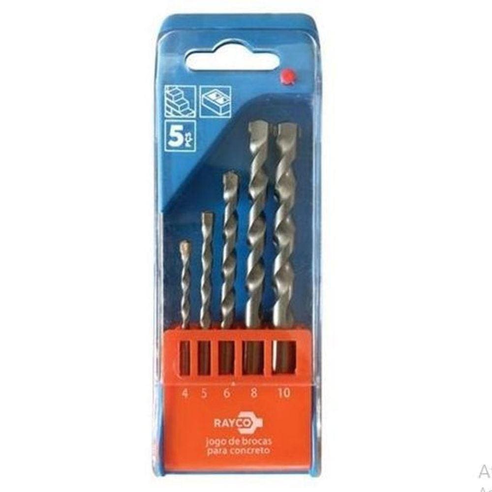 Kit Jogo 5 Brocas P/ Concreto 4 A 10Mm Profissi Estojo Rayco