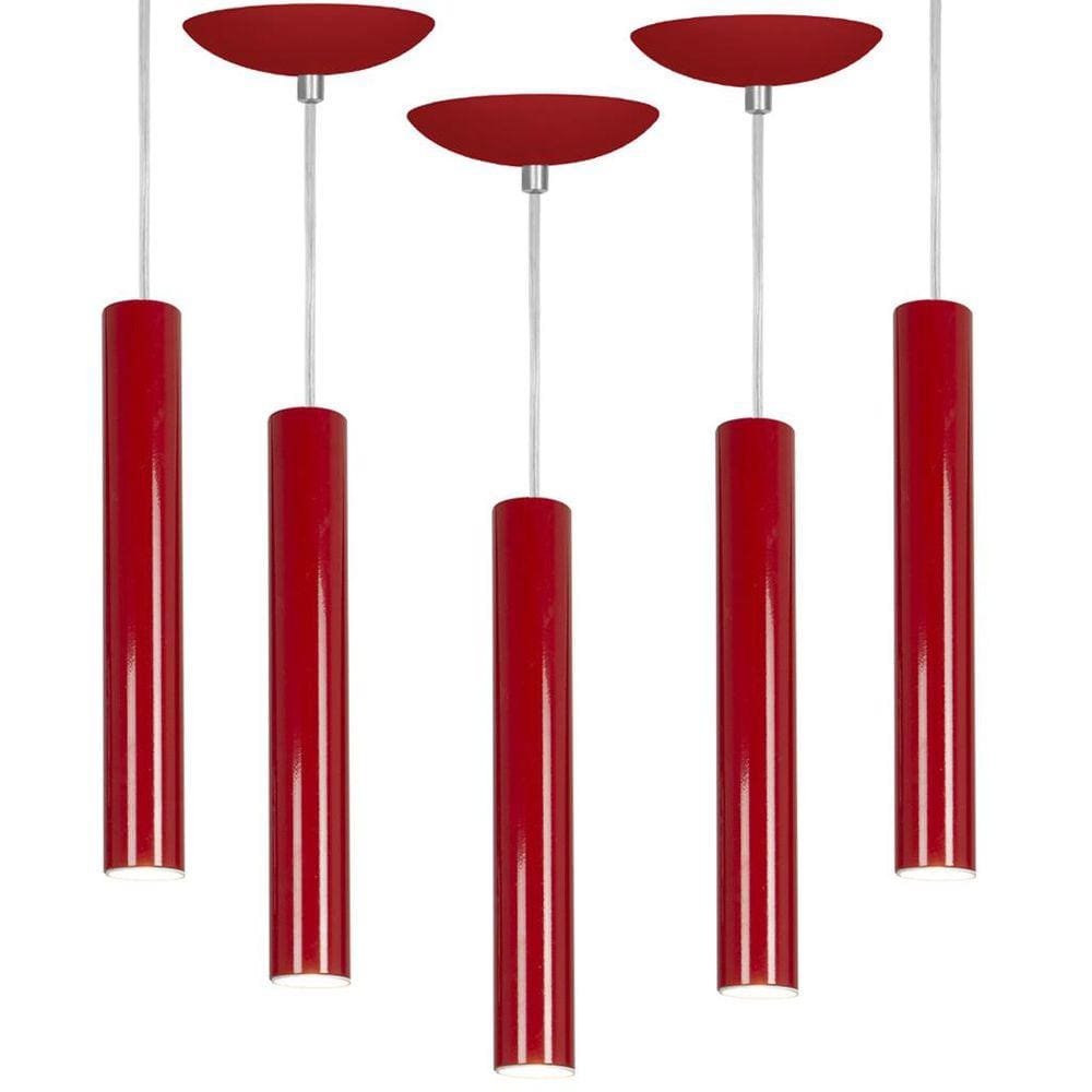 kit 5 Pendente Tubo Cilindro Vermelho 30Cm + Led 3k