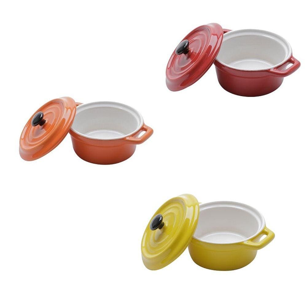 Kit 3 mini panelas redondas porcelana A, com tampa  12,7cm