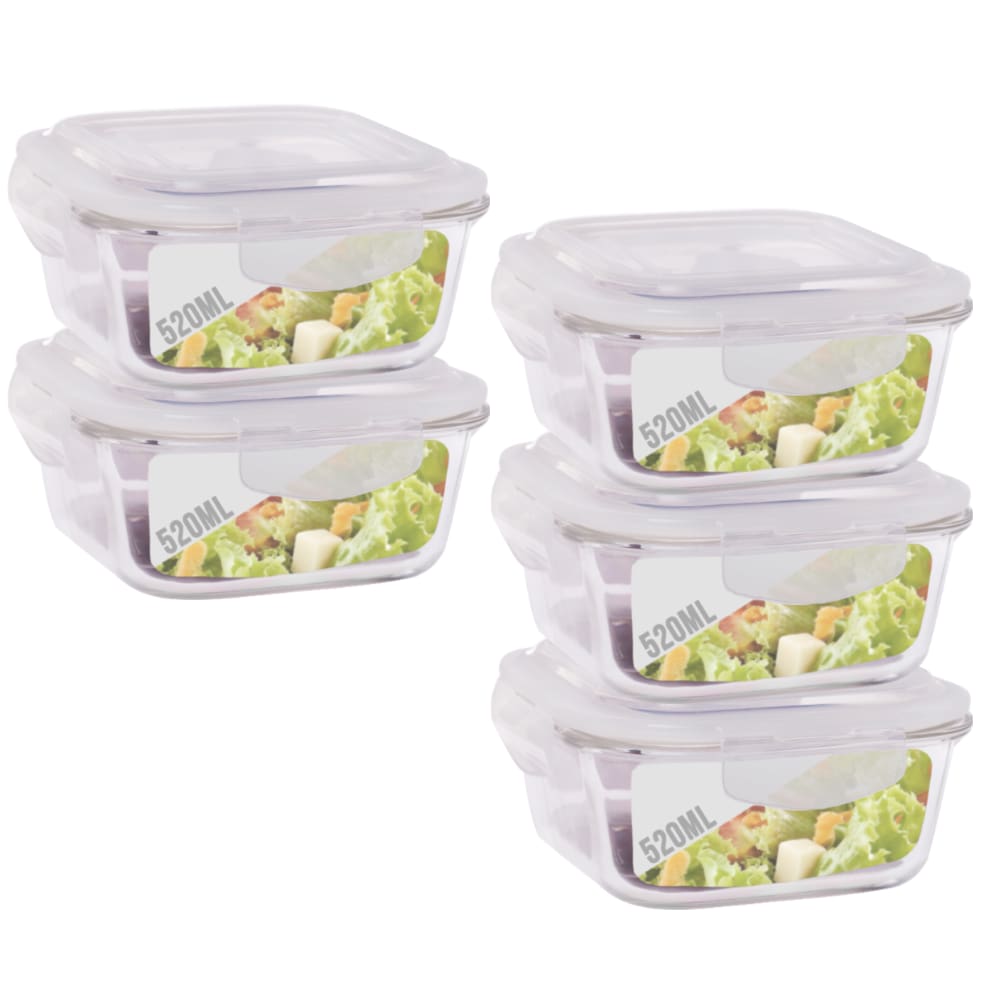 Conjunto 5 Potes de Vidro 520ml Hermético 4 Travas Marmita