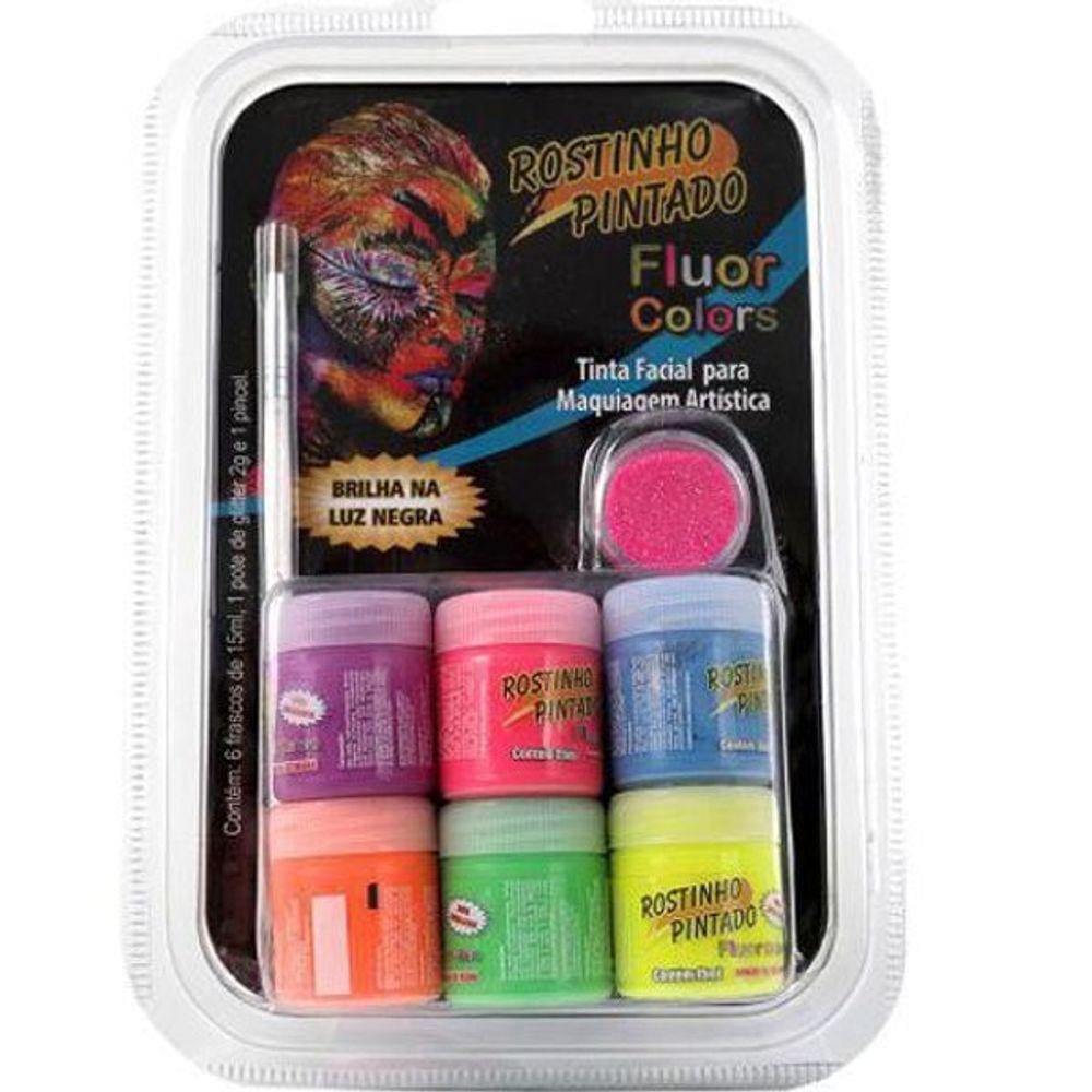 Kit 6 Cores Fluorescentes De 15 Ml +1 Gliter 2G +1 Pincel