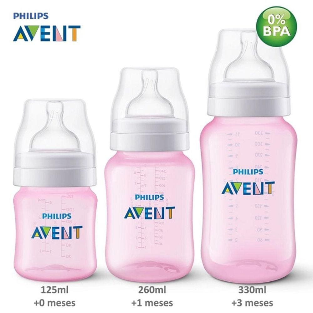 Kit com 3 Mamadeiras ANTI-COLIC 125ML/260ML/330M Rosa Philips AVENT SCD809/42
