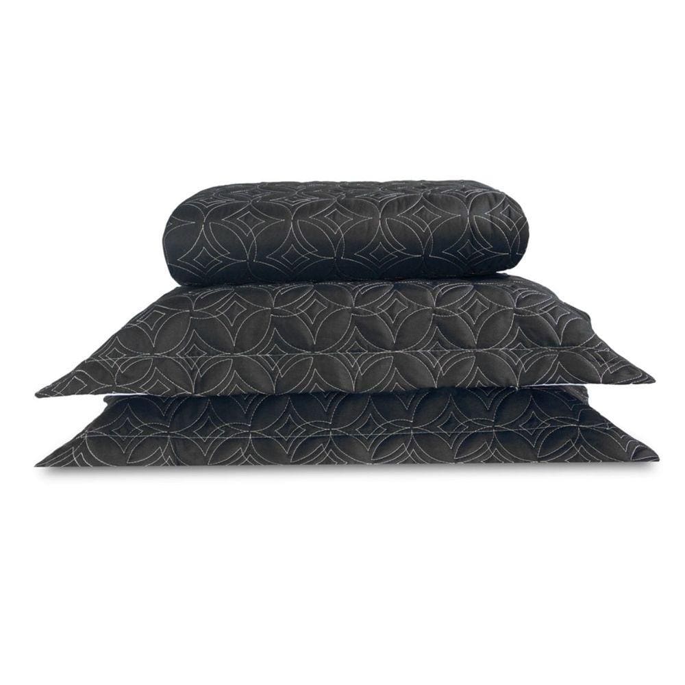 Cobre Leito Colcha Queen 3 Peças Bordado Luxury Preto