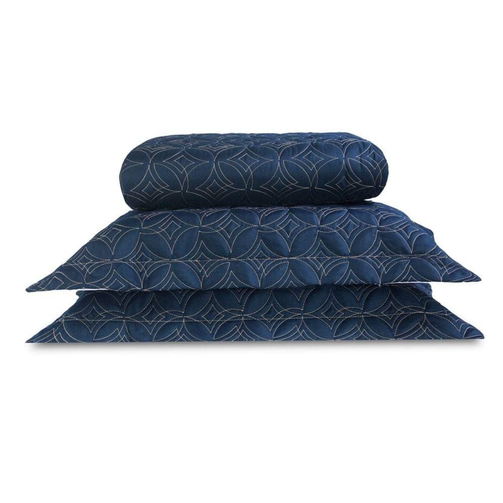 Cobre Leito Colcha Queen 3 Peças Bordado Luxury Azul Marinho