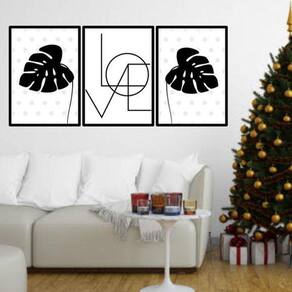 Kit 3 Quadros Love Folhas Tropicais Pretas 60X40Cm Preta