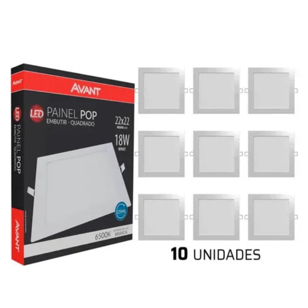 Kit 10 Painel Plafon Luminária Led 18w Quadrado 6500K Branco-Frio Embutir Avant
